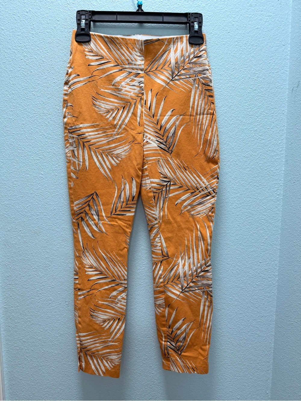 Tropical Leaf Print Slim Pants — Mustard & Cream